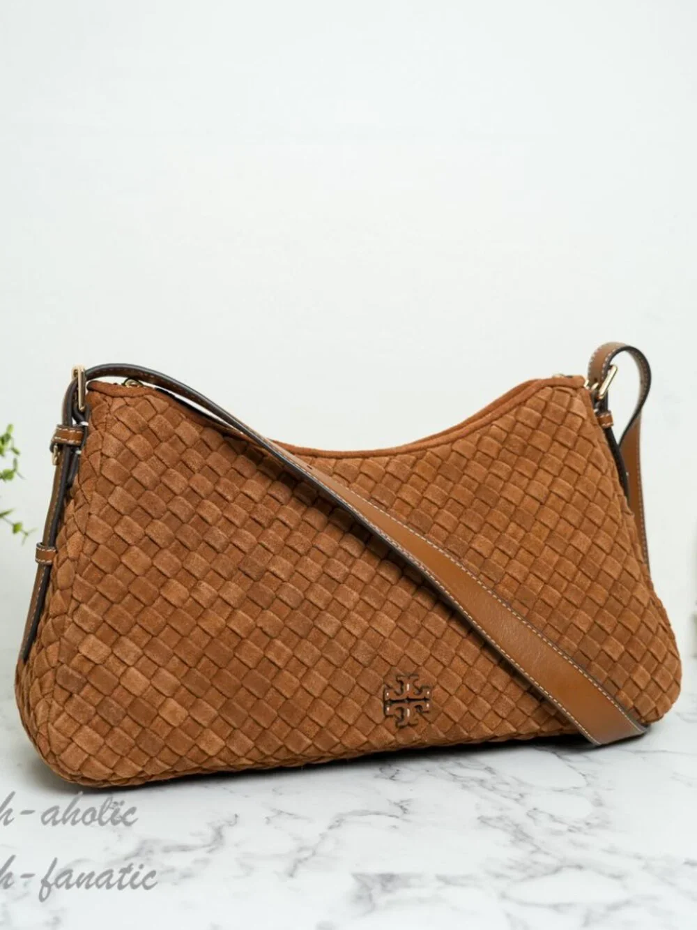 Tory Burch Thea Woven Suede Zip Top Shoulder Bag in Chicory Brown NWT